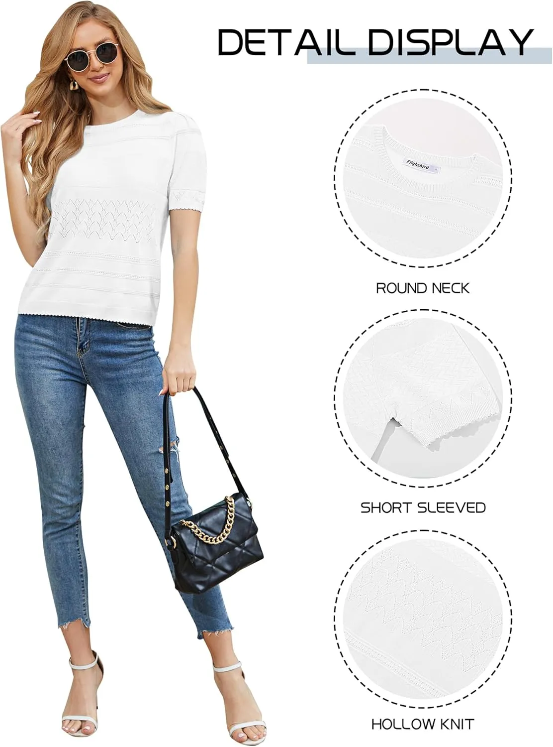 2024 Summer Women's Short Sleeve Kint Top Crew Neck Casual Ribbed Sweater Loose Textured Pullover Sweaters Tops