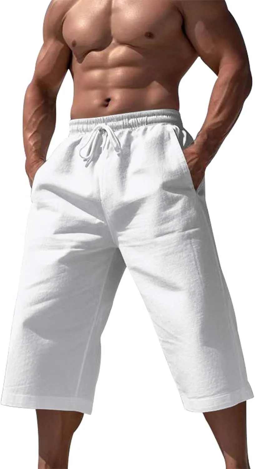 3/4 Summer Wide Leg Linen Capri Pants for Men Loose Fit Elastic Waist Drawstring Baggy Beach Yoga Harem Long Shorts