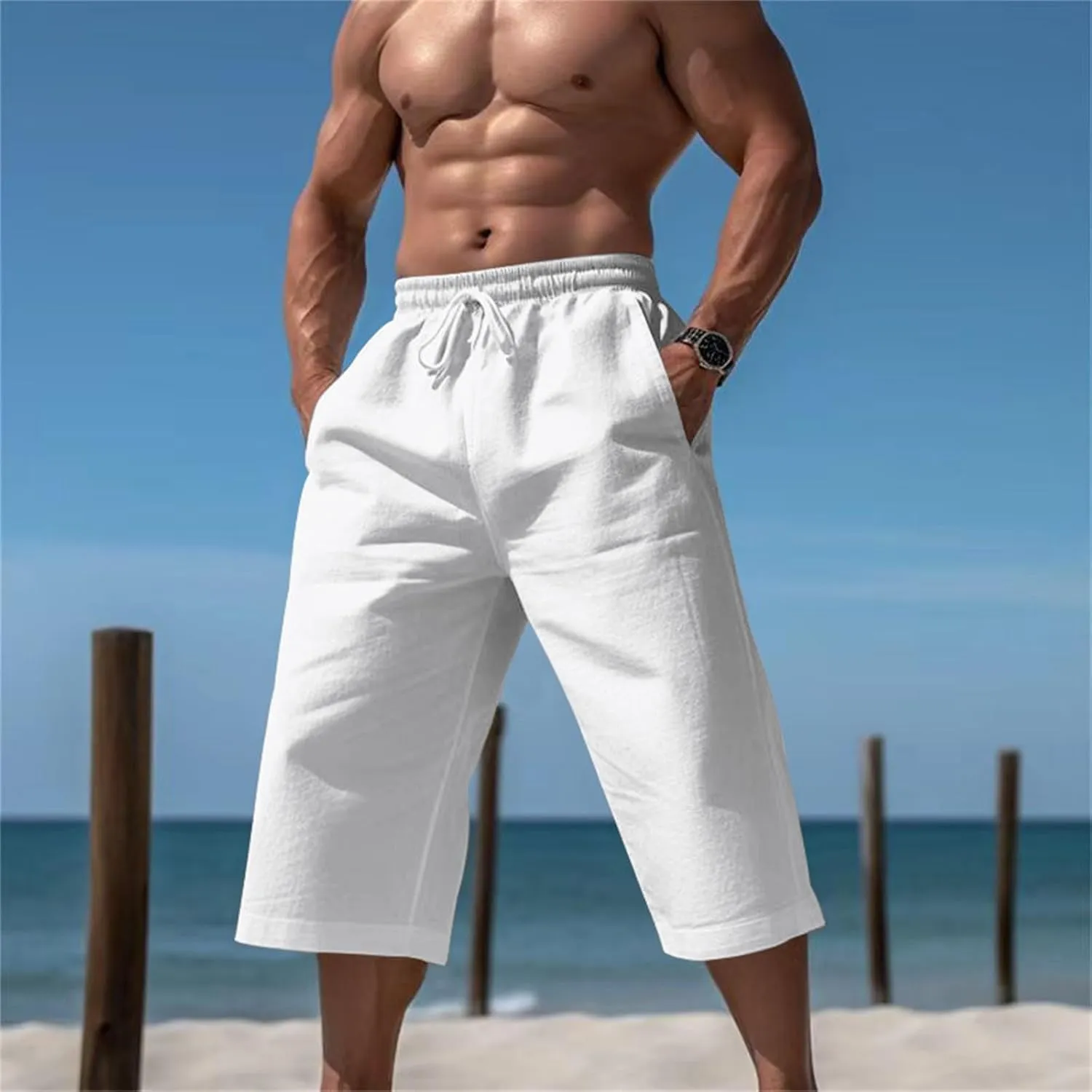 3/4 Summer Wide Leg Linen Capri Pants for Men Loose Fit Elastic Waist Drawstring Baggy Beach Yoga Harem Long Shorts