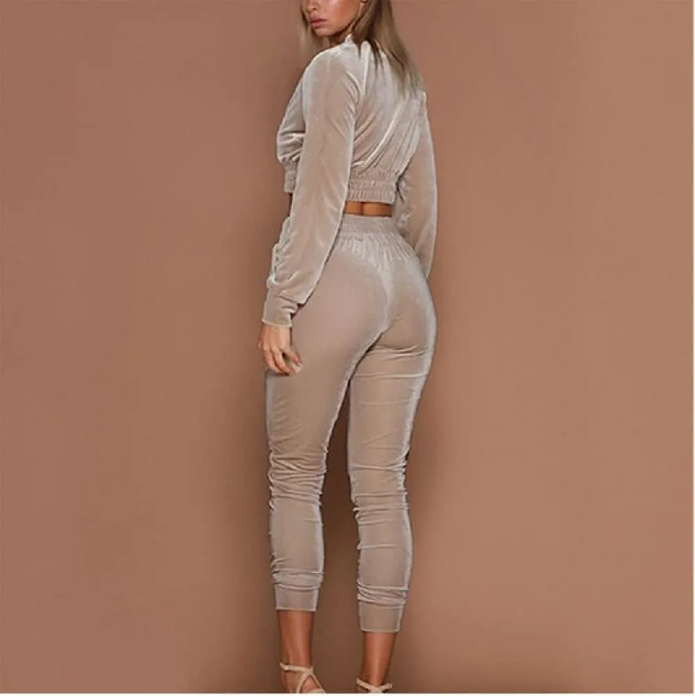 ABOCIW Velour Tracksuit Womens 2 Piece Jogging Outfits Long Sleeve Zipper Crop Top Sweatpant Jogger Sweatsuit Workout Sets