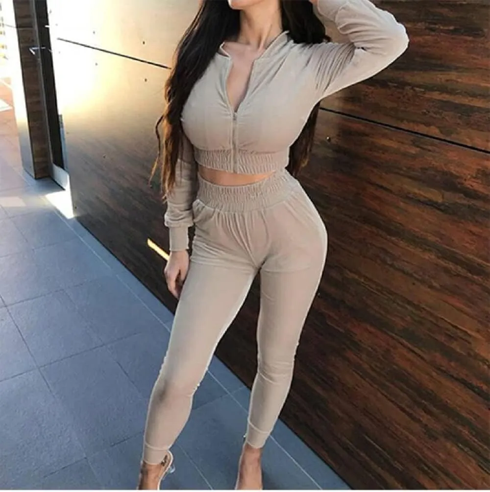 ABOCIW Velour Tracksuit Womens 2 Piece Jogging Outfits Long Sleeve Zipper Crop Top Sweatpant Jogger Sweatsuit Workout Sets