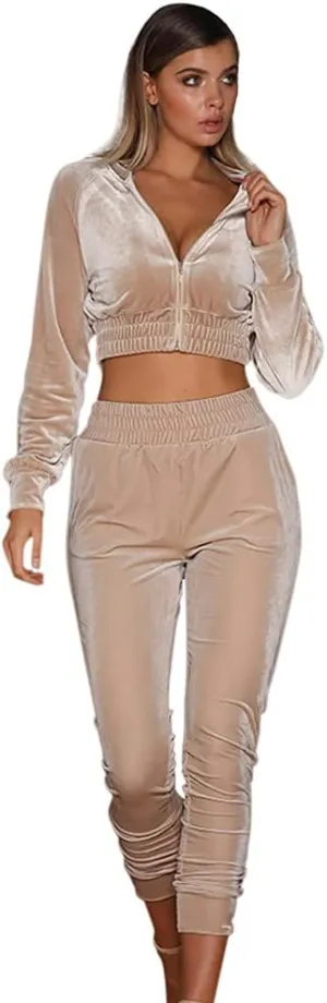 ABOCIW Velour Tracksuit Womens 2 Piece Jogging Outfits Long Sleeve Zipper Crop Top Sweatpant Jogger Sweatsuit Workout Sets