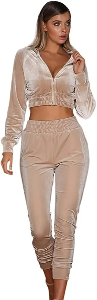 ABOCIW Velour Tracksuit Womens 2 Piece Jogging Outfits Long Sleeve Zipper Crop Top Sweatpant Jogger Sweatsuit Workout Sets