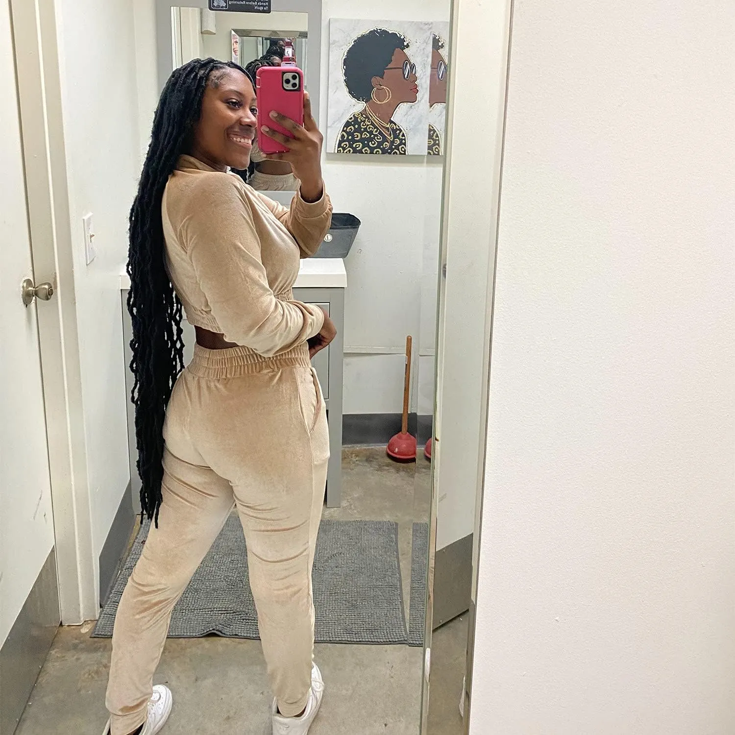 ABOCIW Velour Tracksuit Womens 2 Piece Jogging Outfits Long Sleeve Zipper Crop Top Sweatpant Jogger Sweatsuit Workout Sets