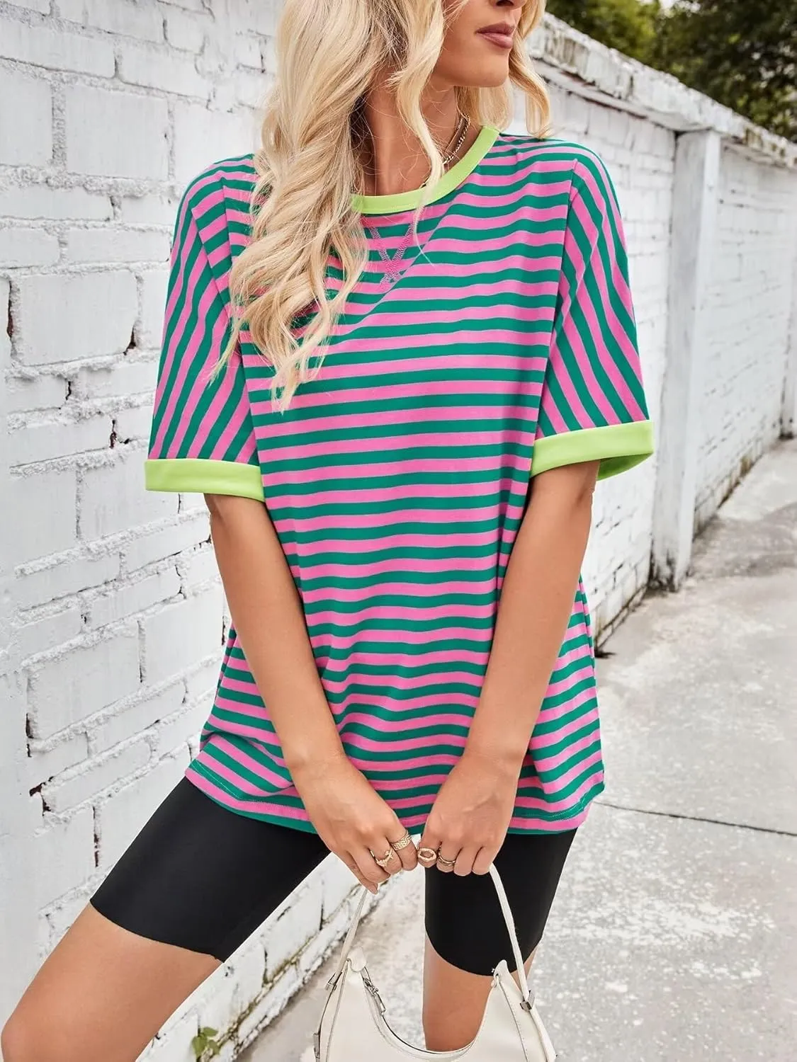 Ahtyeo Women's Oversized T Shirts Striped Loose Fit Short Sleeve Crewneck Summer Tops Casual Basic Tee 2025 Shirts