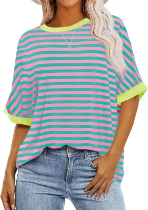 Ahtyeo Women's Oversized T Shirts Striped Loose Fit Short Sleeve Crewneck Summer Tops Casual Basic Tee 2025 Shirts