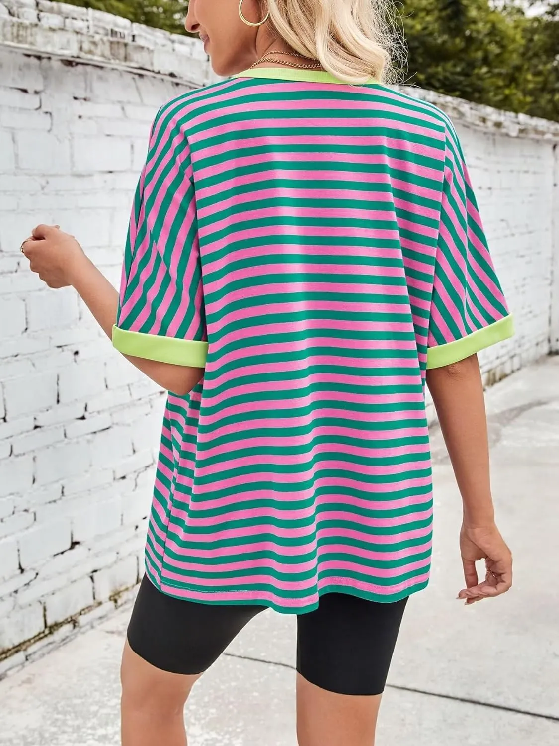 Ahtyeo Women's Oversized T Shirts Striped Loose Fit Short Sleeve Crewneck Summer Tops Casual Basic Tee 2025 Shirts