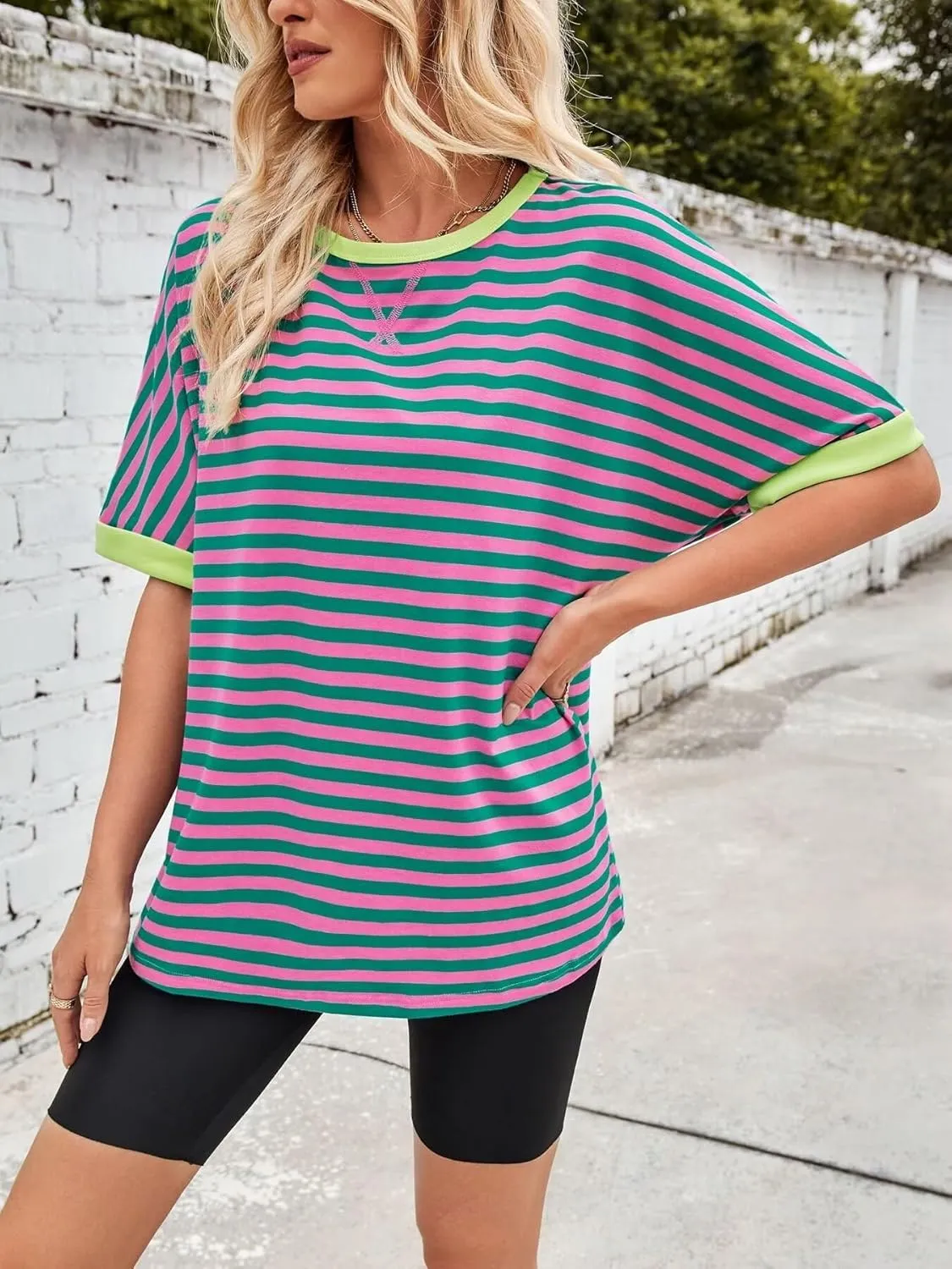 Ahtyeo Women's Oversized T Shirts Striped Loose Fit Short Sleeve Crewneck Summer Tops Casual Basic Tee 2025 Shirts