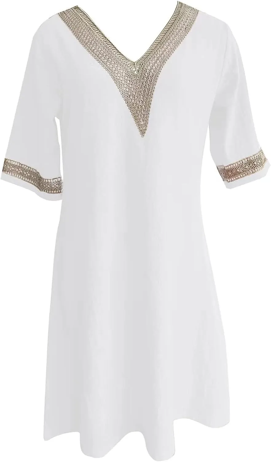 Akivide Women's Summer Cotton Linen V Neck Half Sleeve Mini Dress Casual Loose Plus Size Beach Vacation Tunic Dress