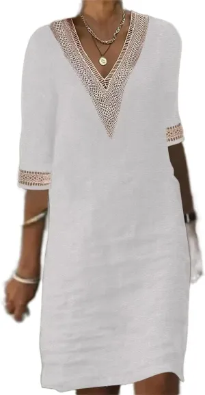 Akivide Women's Summer Cotton Linen V Neck Half Sleeve Mini Dress Casual Loose Plus Size Beach Vacation Tunic Dress
