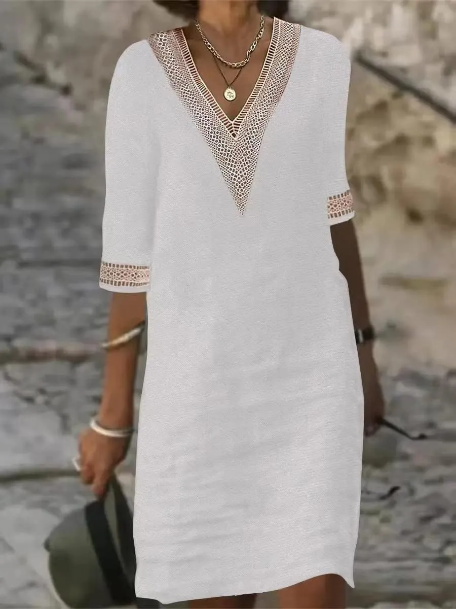 Akivide Women's Summer Cotton Linen V Neck Half Sleeve Mini Dress Casual Loose Plus Size Beach Vacation Tunic Dress