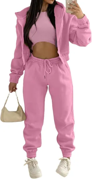 Akmipoem Sweatsuits for Women Set 3 Piece Outfits Zip Up Hoodie Sweatshirt Crop Tank Top Jogger Sweatpants Tracksuit