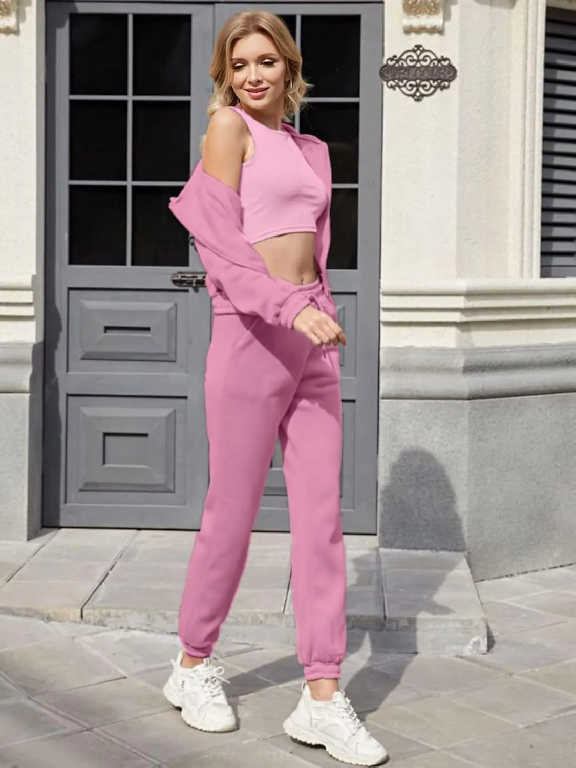 Akmipoem Sweatsuits for Women Set 3 Piece Outfits Zip Up Hoodie Sweatshirt Crop Tank Top Jogger Sweatpants Tracksuit