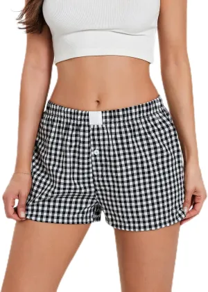 Amiblvowa Women Boxer Shorts Low Waisted PJ Elastic Comfortable Y2k Pajamas Plaid Striped Gingham Lounge Home Clothing