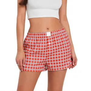 Amiblvowa Women Boxer Shorts Low Waisted PJ Elastic Comfortable Y2k Pajamas Plaid Striped Gingham Lounge Home Clothing