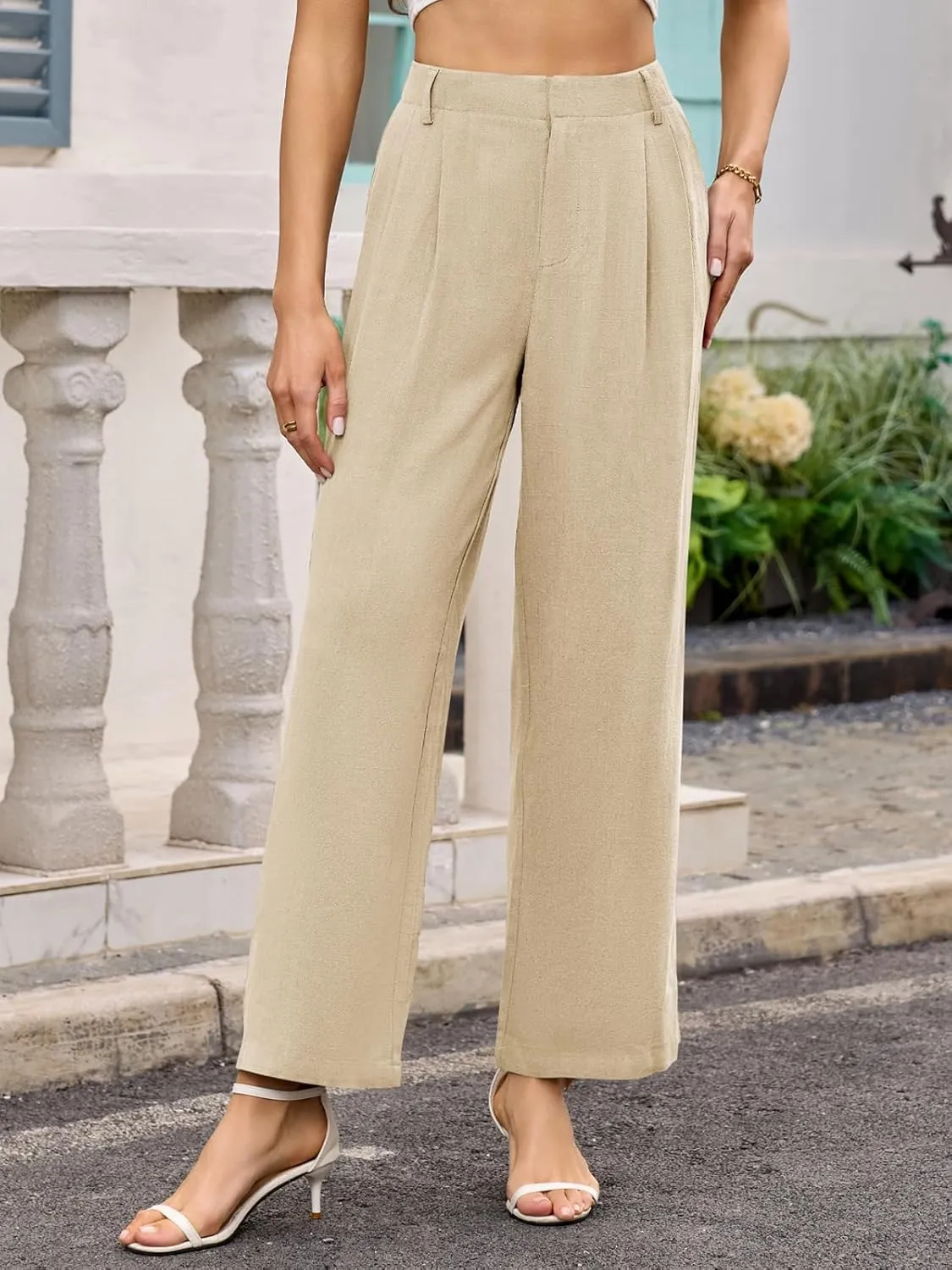 ANRILITA Linen Pants for Women High Waist Casual Flowy Pant Summer Wide Leg Trousers with Pocket