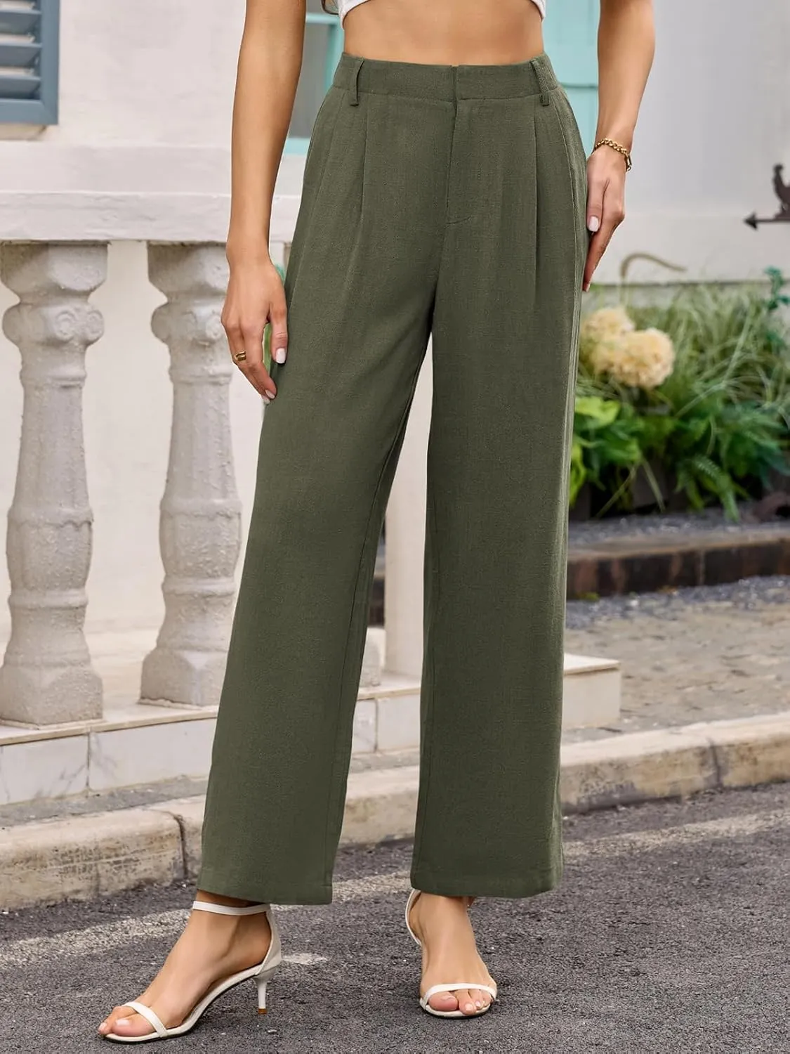 ANRILITA Linen Pants for Women High Waist Casual Flowy Pant Summer Wide Leg Trousers with Pocket
