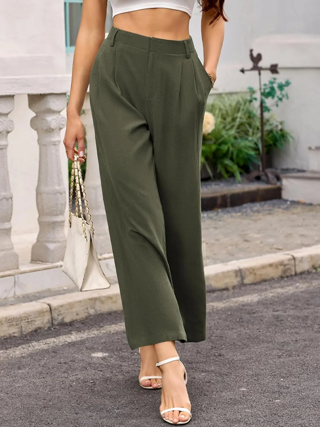 ANRILITA Linen Pants for Women High Waist Casual Flowy Pant Summer Wide Leg Trousers with Pocket