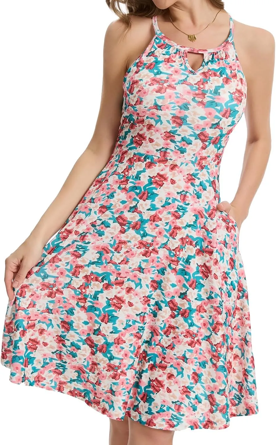 ANYFITTING Built in Bra Halter Dresses for Women 2025 Summer Pockets Dress Flowy Midi Sundresses Beach Vacation