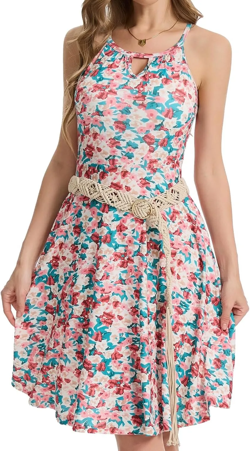 ANYFITTING Built in Bra Halter Dresses for Women 2025 Summer Pockets Dress Flowy Midi Sundresses Beach Vacation