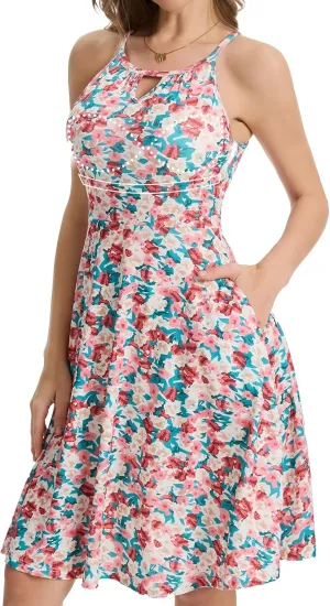 ANYFITTING Built in Bra Halter Dresses for Women 2025 Summer Pockets Dress Flowy Midi Sundresses Beach Vacation