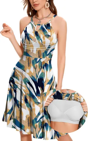 ANYFITTING Built in Bra Halter Dresses for Women 2025 Summer Pockets Dress Flowy Midi Sundresses Beach Vacation
