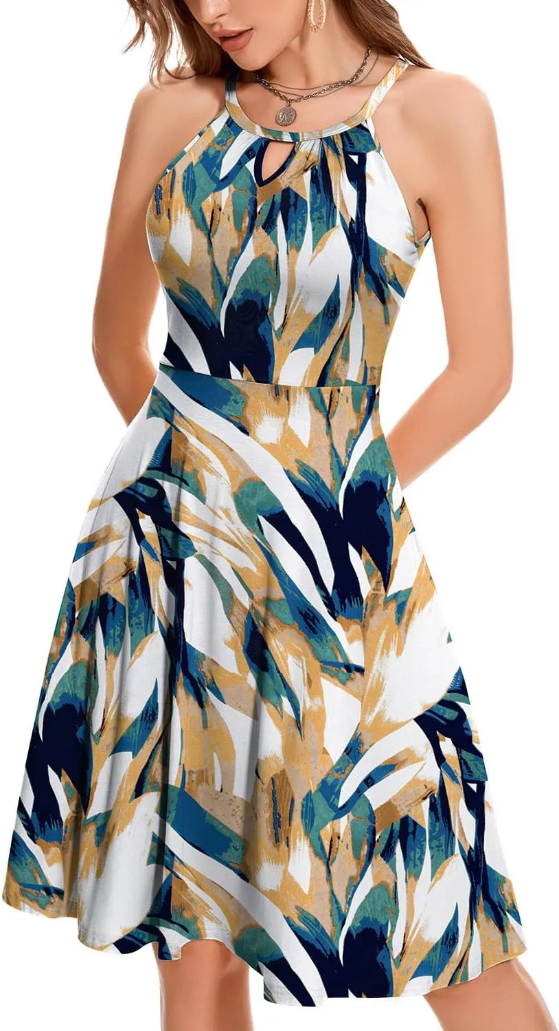 ANYFITTING Built in Bra Halter Dresses for Women 2025 Summer Pockets Dress Flowy Midi Sundresses Beach Vacation