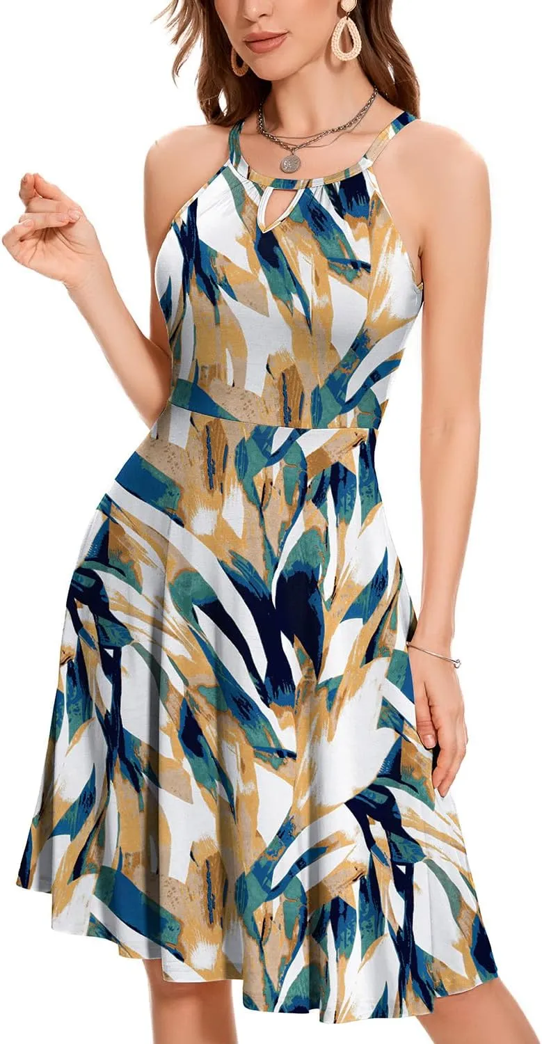 ANYFITTING Built in Bra Halter Dresses for Women 2025 Summer Pockets Dress Flowy Midi Sundresses Beach Vacation