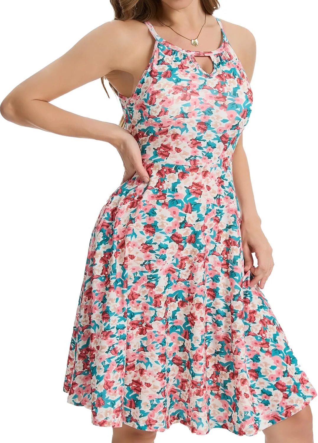ANYFITTING Built in Bra Halter Dresses for Women 2025 Summer Pockets Dress Flowy Midi Sundresses Beach Vacation