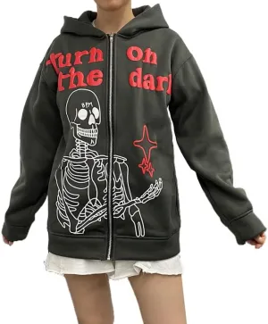 Argeousgor Women Skeleton Hoodie Zip Up Gothic Oversized Long Sleeve Sweatshirt Skull Punk Jacket Streetwear