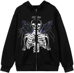 Argeousgor Women Skeleton Hoodie Zip Up Gothic Oversized Long Sleeve Sweatshirt Skull Punk Jacket Streetwear