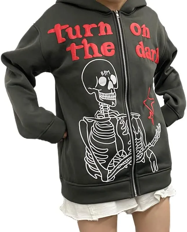 Argeousgor Women Skeleton Hoodie Zip Up Gothic Oversized Long Sleeve Sweatshirt Skull Punk Jacket Streetwear