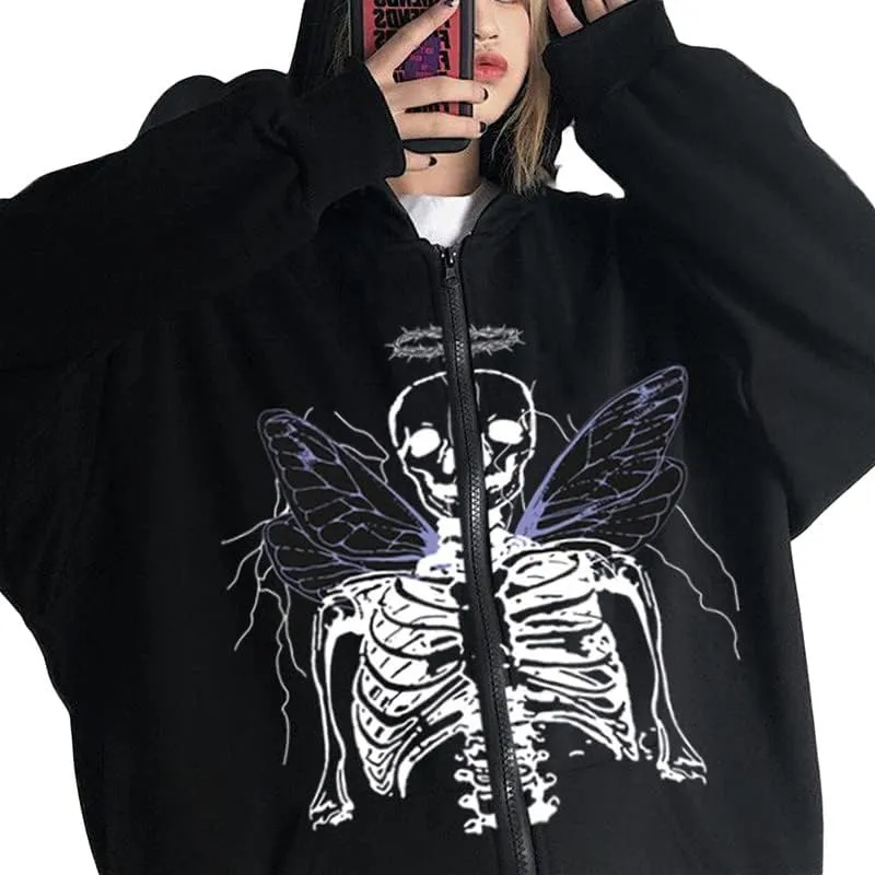 Argeousgor Women Skeleton Hoodie Zip Up Gothic Oversized Long Sleeve Sweatshirt Skull Punk Jacket Streetwear