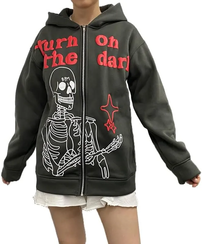 Argeousgor Women Skeleton Hoodie Zip Up Gothic Oversized Long Sleeve Sweatshirt Skull Punk Jacket Streetwear
