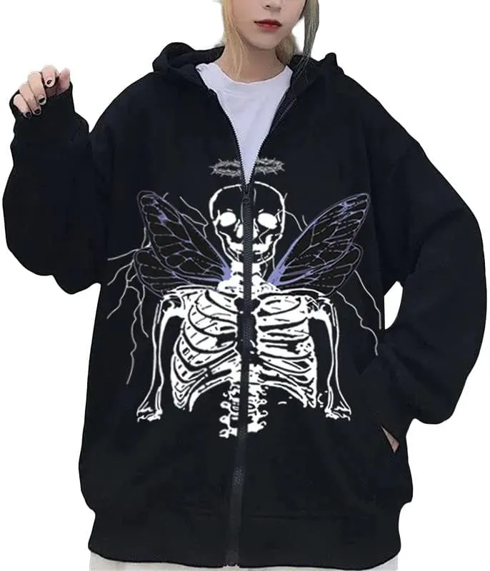 Argeousgor Women Skeleton Hoodie Zip Up Gothic Oversized Long Sleeve Sweatshirt Skull Punk Jacket Streetwear