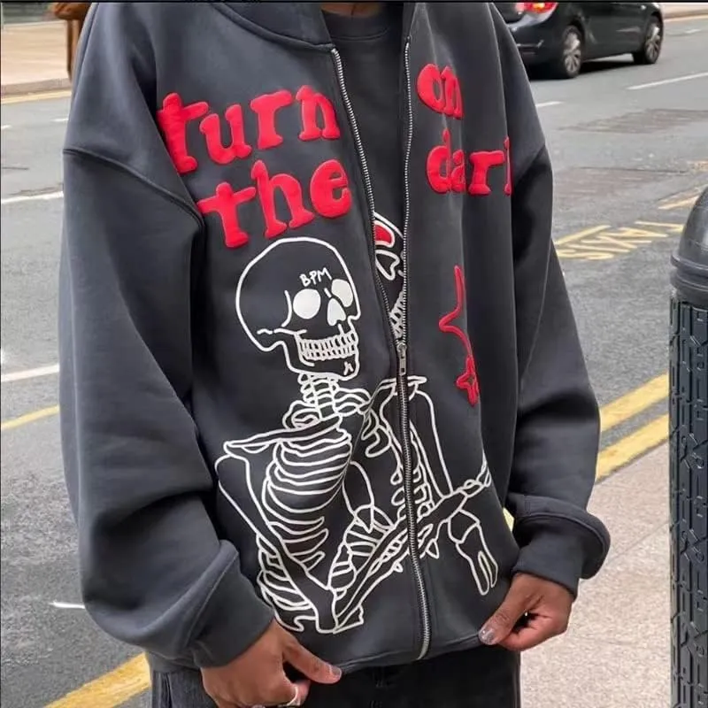 Argeousgor Women Skeleton Hoodie Zip Up Gothic Oversized Long Sleeve Sweatshirt Skull Punk Jacket Streetwear