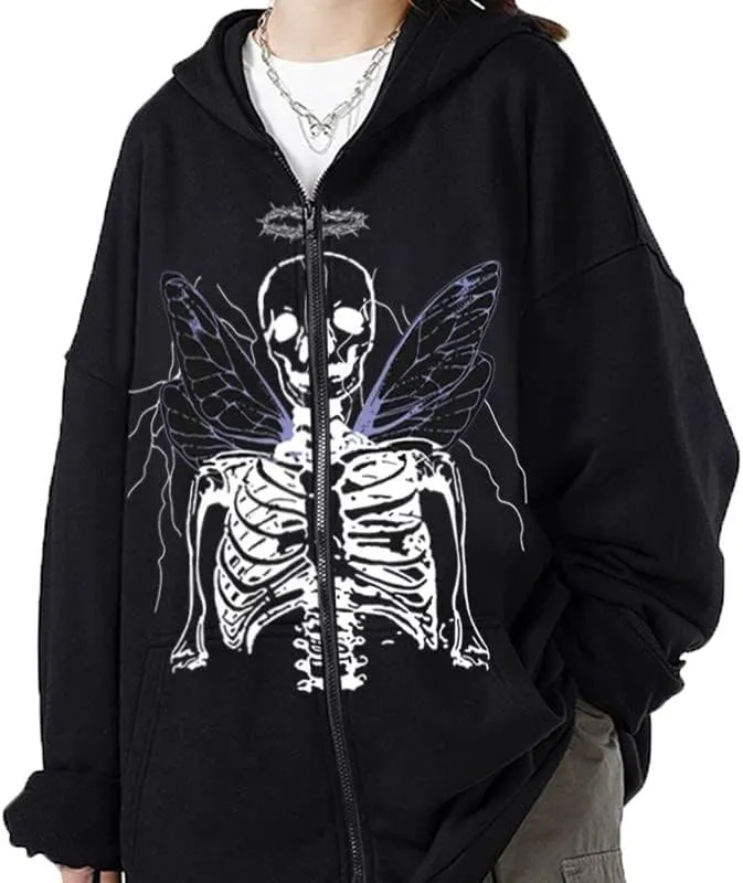 Argeousgor Women Skeleton Hoodie Zip Up Gothic Oversized Long Sleeve Sweatshirt Skull Punk Jacket Streetwear