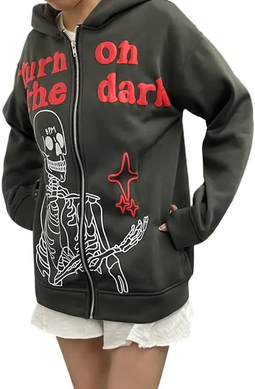 Argeousgor Women Skeleton Hoodie Zip Up Gothic Oversized Long Sleeve Sweatshirt Skull Punk Jacket Streetwear