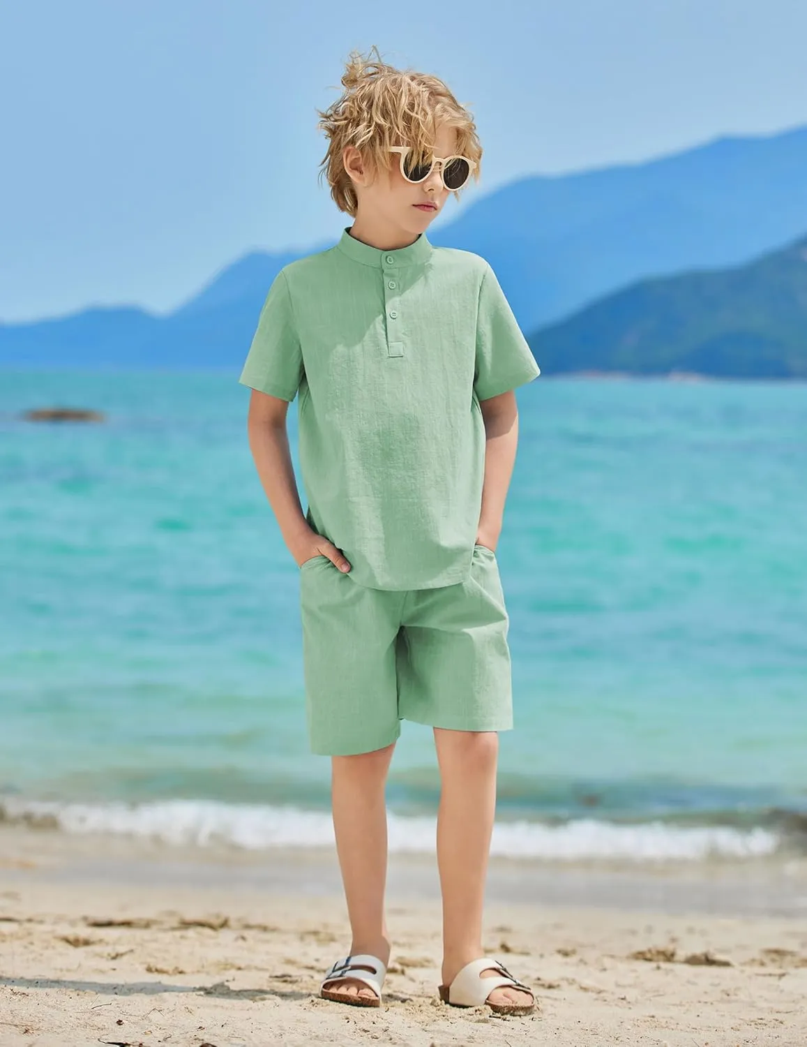 Arshiner Boy's 2 Pieces Cotton Linen Set Casual Henley Shirts Short Sleeve Beach Shorts Summer Outfits for 5-12 Years