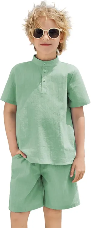 Arshiner Boy's 2 Pieces Cotton Linen Set Casual Henley Shirts Short Sleeve Beach Shorts Summer Outfits for 5-12 Years