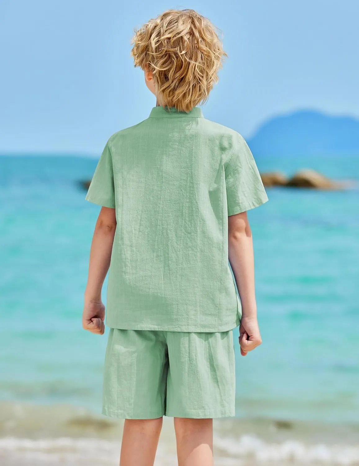 Arshiner Boy's 2 Pieces Cotton Linen Set Casual Henley Shirts Short Sleeve Beach Shorts Summer Outfits for 5-12 Years