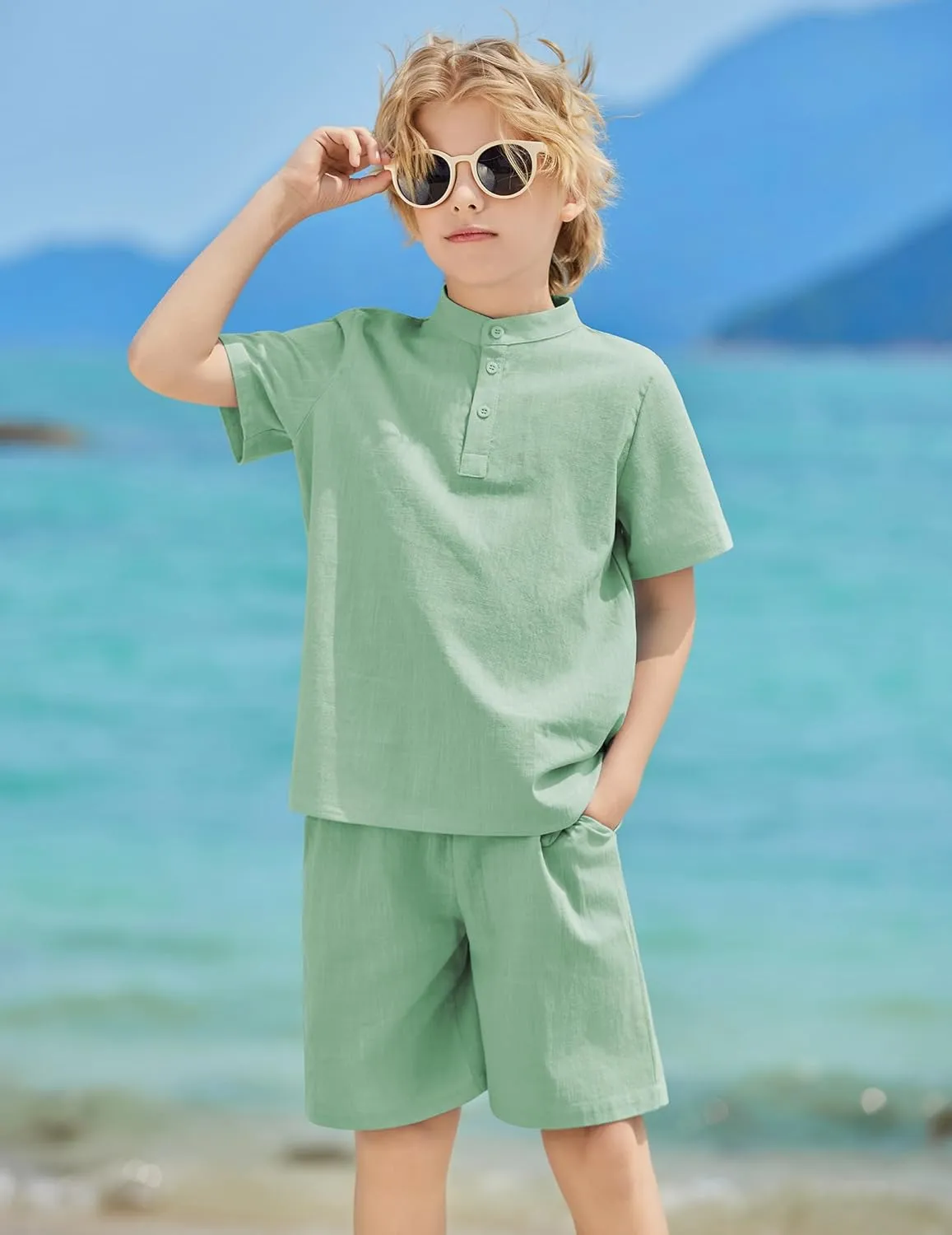 Arshiner Boy's 2 Pieces Cotton Linen Set Casual Henley Shirts Short Sleeve Beach Shorts Summer Outfits for 5-12 Years