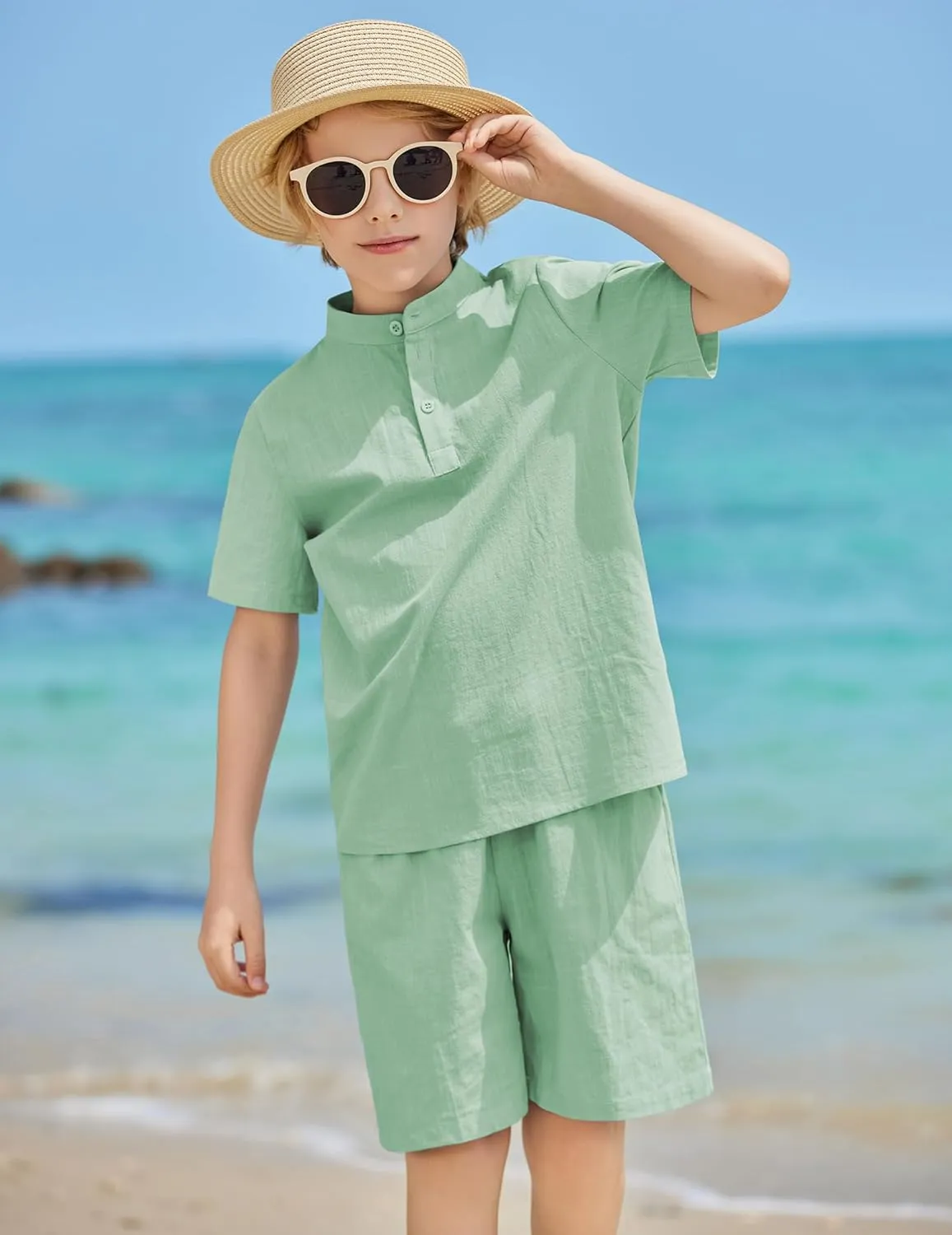 Arshiner Boy's 2 Pieces Cotton Linen Set Casual Henley Shirts Short Sleeve Beach Shorts Summer Outfits for 5-12 Years