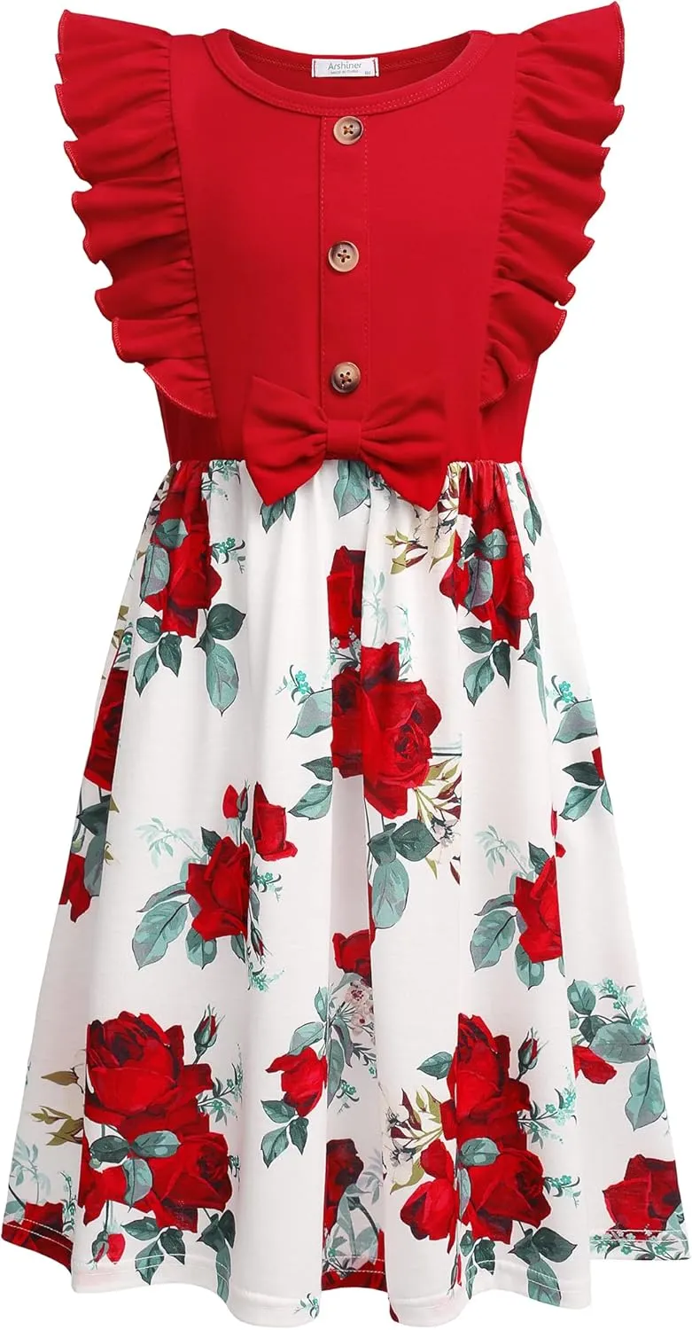 Arshiner Girls Summer Dress Ruffle Trim Button Front Bowknot Casual Swing Sundress with Pockets for 3-11 Years