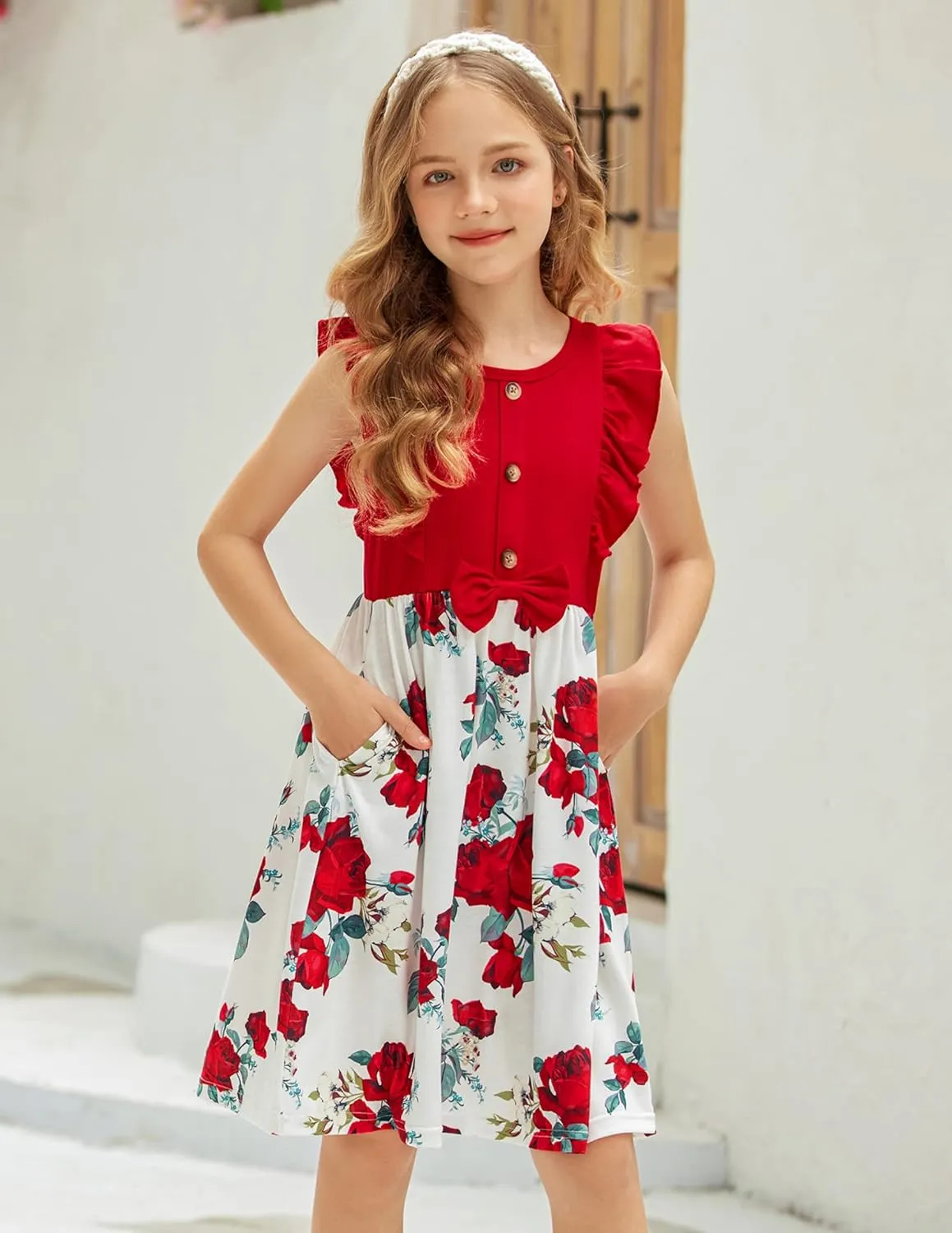 Arshiner Girls Summer Dress Ruffle Trim Button Front Bowknot Casual Swing Sundress with Pockets for 3-11 Years