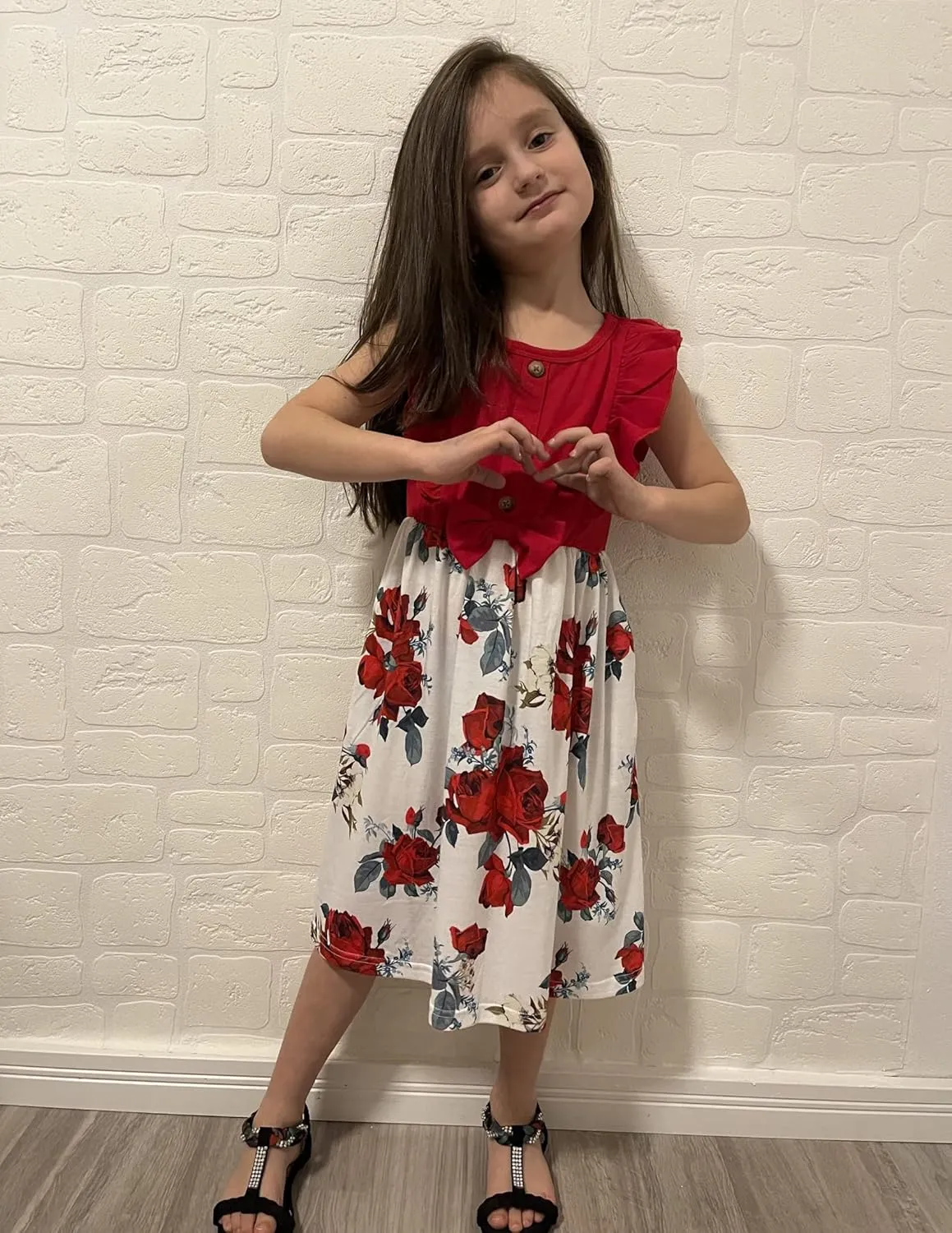Arshiner Girls Summer Dress Ruffle Trim Button Front Bowknot Casual Swing Sundress with Pockets for 3-11 Years
