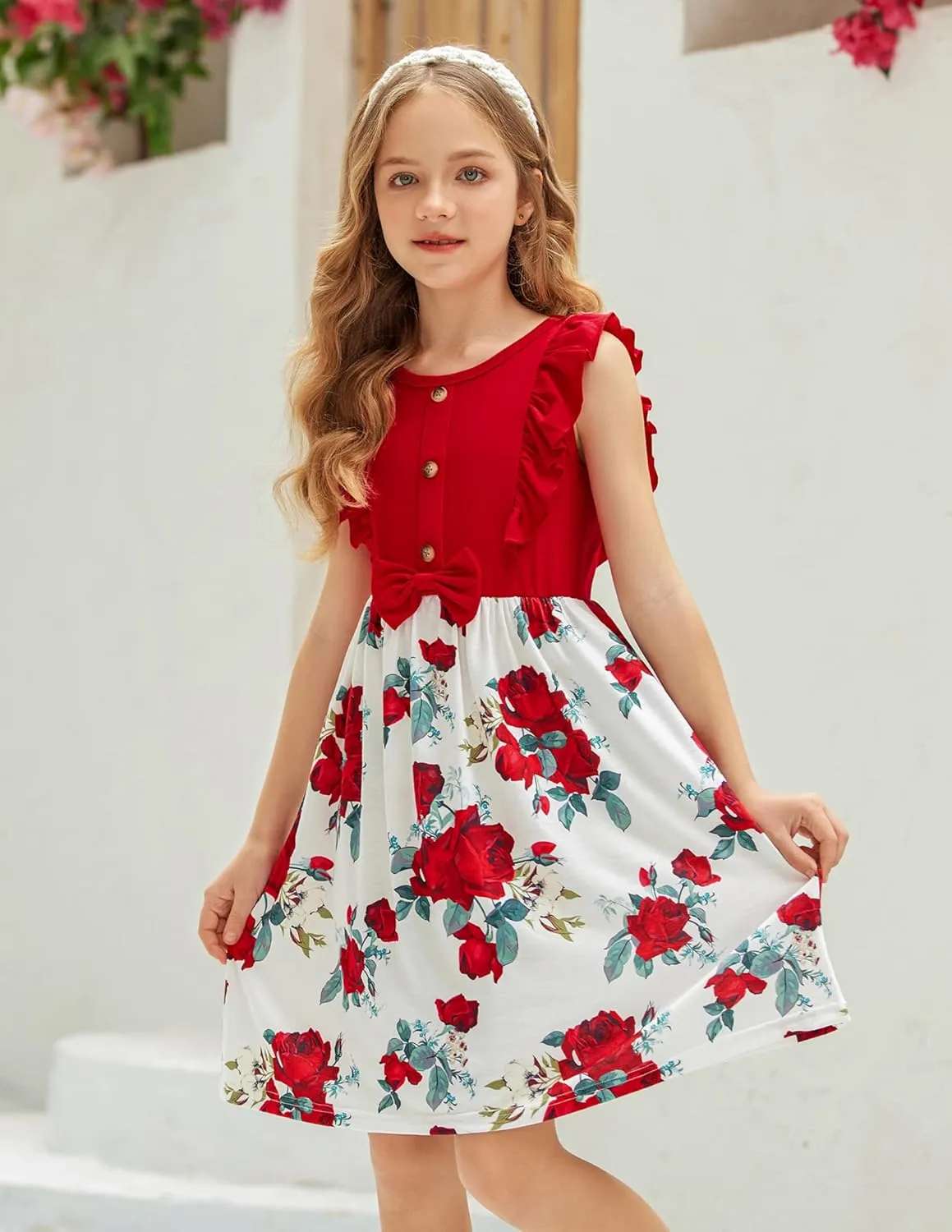 Arshiner Girls Summer Dress Ruffle Trim Button Front Bowknot Casual Swing Sundress with Pockets for 3-11 Years