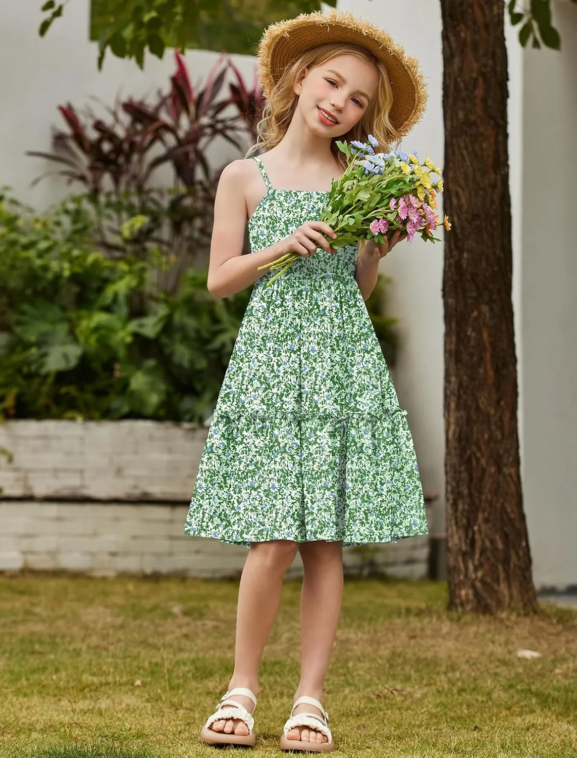 Arshiner Girls Tie Back Dress Spaghetti Strap Ruffle Hem Casual Summer Beach Sundress with Pockets