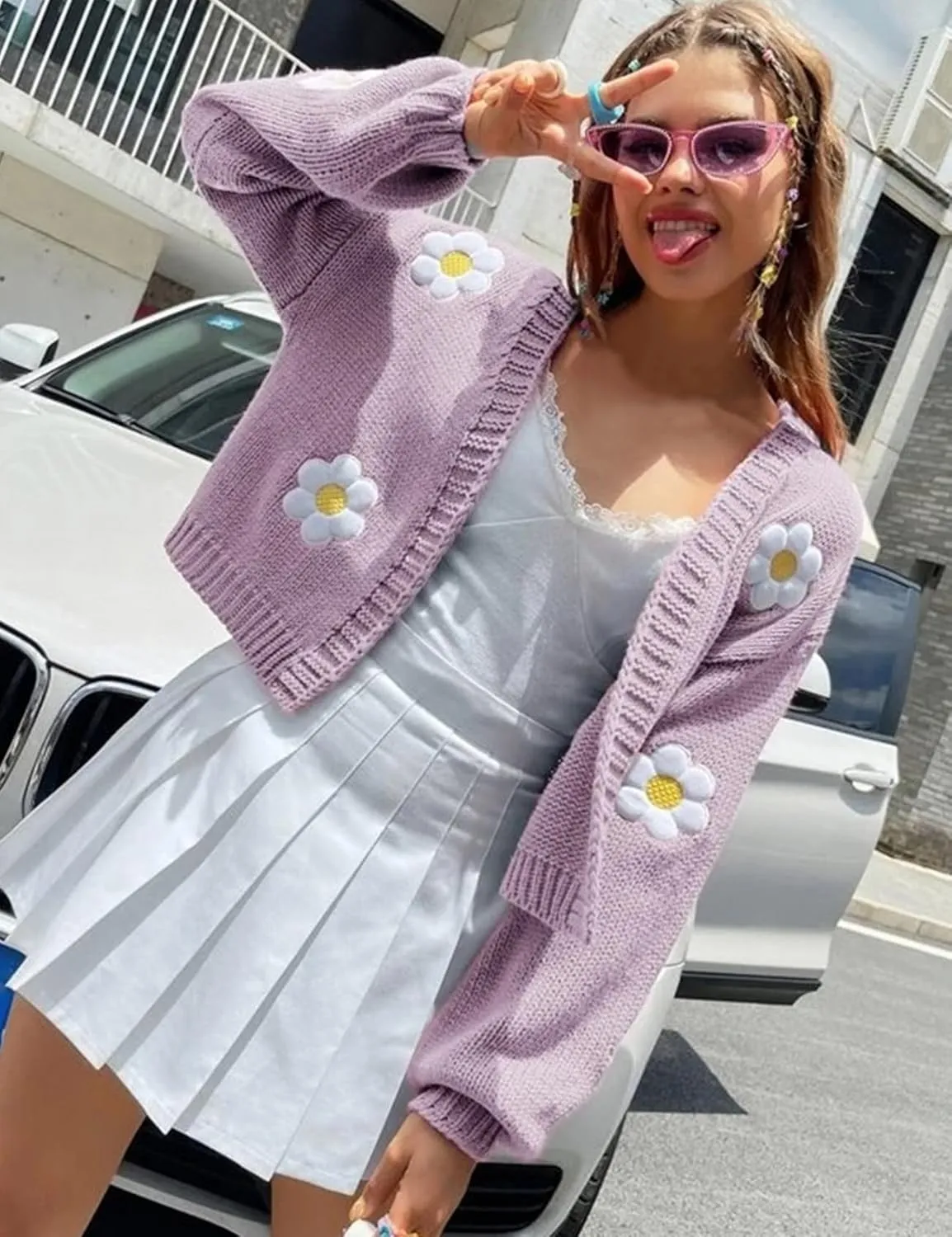 Arssm Y2K Womens Flower Cardigan Sweater Long Sleeve Knit Cropped Cardigan Open Front Cute Shrug Fall Sweater 90s Outfits