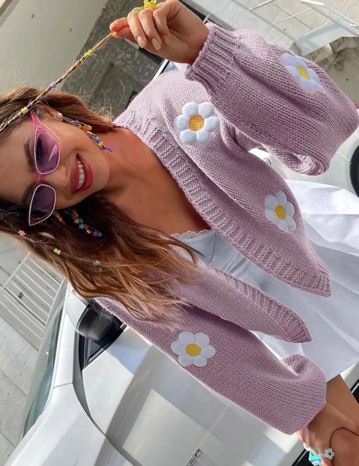 Arssm Y2K Womens Flower Cardigan Sweater Long Sleeve Knit Cropped Cardigan Open Front Cute Shrug Fall Sweater 90s Outfits